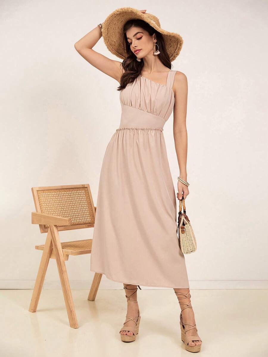 GENKIRA Solid Color Women's Asymmetrical Collar Dress - Khaki - View 1