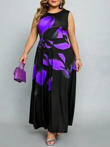 SHEIN Lady 大尺碼女士花卉印花無袖連衣裙 - 彩色 - 查看 3