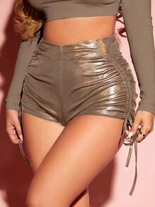 SHEIN SXY 女士光澤側扯紋熱褲 - 摩卡棕 - 查看 2