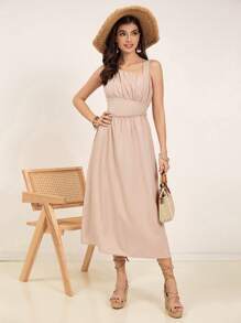 GENKIRA Solid Color Women's Asymmetrical Collar Dress - Khaki - View 5