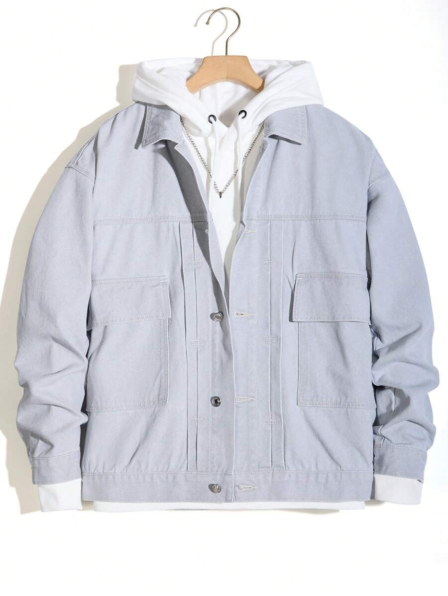 Manfinity Homme 1pc Men's Flip-Pocket Front Long Sleeve Denim Jacket - Grey - View 1