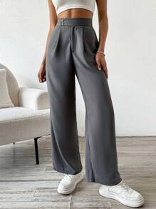 Flirla 女性捏褶直筒西裝褲 - 灰色 - 查看 5