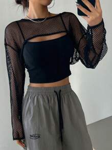 DAZY Mesh Sweater Women's Top Going Out Tops Sheer,Beach Outfits Long Sleeve Women Tops - Black - View 1