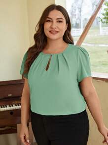 SHEIN Clasi Kích thước lớn Đường viền lỗ khóa Ngắn tay Áo sơ mi - Màu xanh Bạc hà - Xem 3