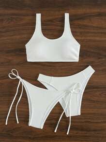 SHEIN Swim Bộ Bikini trơn dành cho nữ, Bộ 3 bộ bikini không dây không gỉ có thắt nút bên bãi biển đám cưới mùa hè - trắng - Xem 3
