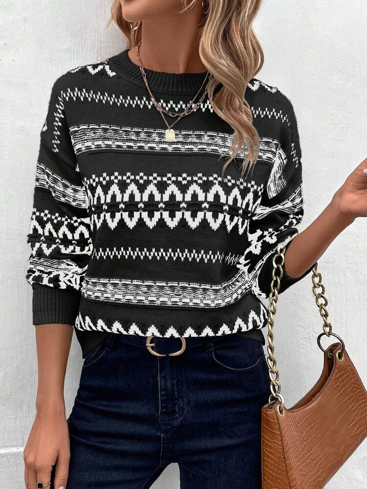 Multi-Color Geometric Pattern Drop Shoulder Knit Pullover Fall Winter Sweater