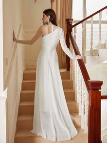 Contrast Mesh Split Thigh Wedding Dress - White - View 2