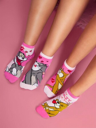 TOM & JERRY X SHEIN 2 paires de chaussettes courtes roses romantiques en forme de cœur, jour