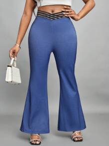 SHEIN Lady Women's Flared V-Waist Pants - Black - View 1