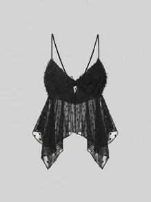 Sweetra Mesh 3d Flower Splice Swiss Dot Asymmetrical Hem Cami Top - Pink - View 1