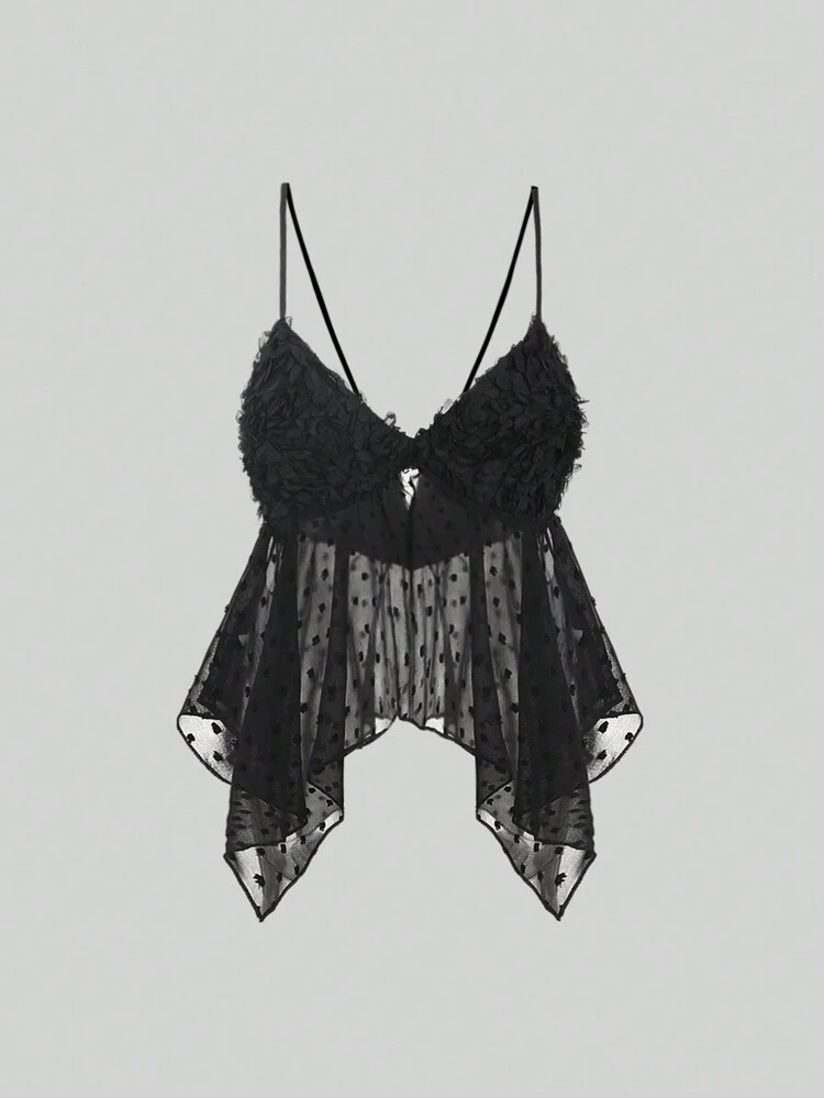 Mesh 3d Flower Splice Swiss Dot Asymmetrical Hem Cami Top