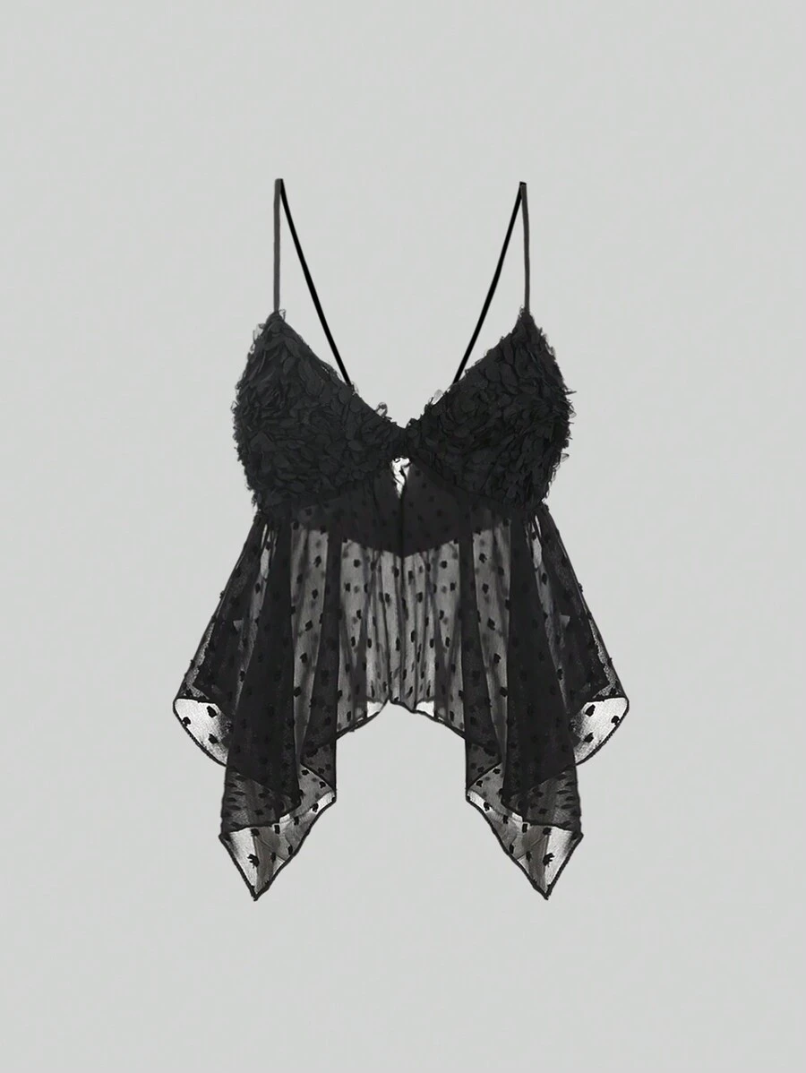 Sweetra Mesh 3d Flower Splice Swiss Dot Asymmetrical Hem Cami Top - Pink - View 1