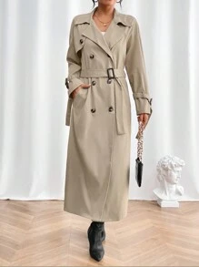 SHEIN x Carly Lawrence SHEIN Privé 雙排扣腰帶風衣 - 卡其色 - 查看 3