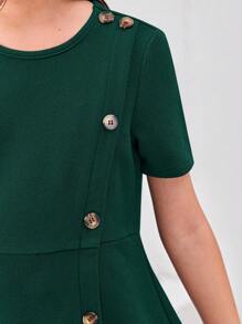 SHEIN Leap Crew Tween Girl Button Decorated Elegant Short Sleeve Round Neck Dress - Green - View 5