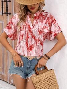 SHEIN LUNE Women's Geometric Pattern Notched-Neck Shirt