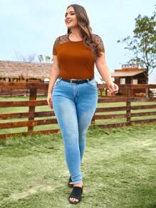 SHEIN LUNE Plus Size Heart Mesh Joint T-Shirt For Summer - Rust Brown - View 6