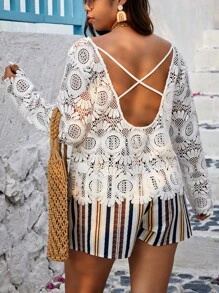 Breezaya Plus Size Women's Long Sleeve Lace Blouse - White - View 6