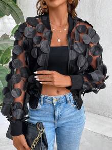 EMERY ROSE Chaqueta de manga larga de malla 3D transparente de unicolor - Negro - Ver 7