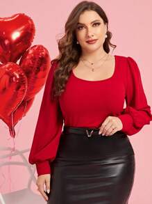SHEIN Clasi Camiseta roja con cuello redondo y mangas de farol de talla grande, Día de San Valentín