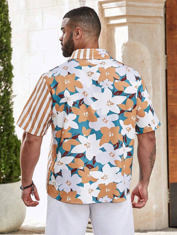 Men's Plus Size Floral Printed Striped Shirt With Patchwork