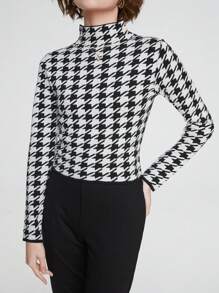 SHEIN Unity Women's Stand Collar Houndstooth Pattern Long Sleeve Knit Pullover Fall Winter Sweater - Black and White - View 6