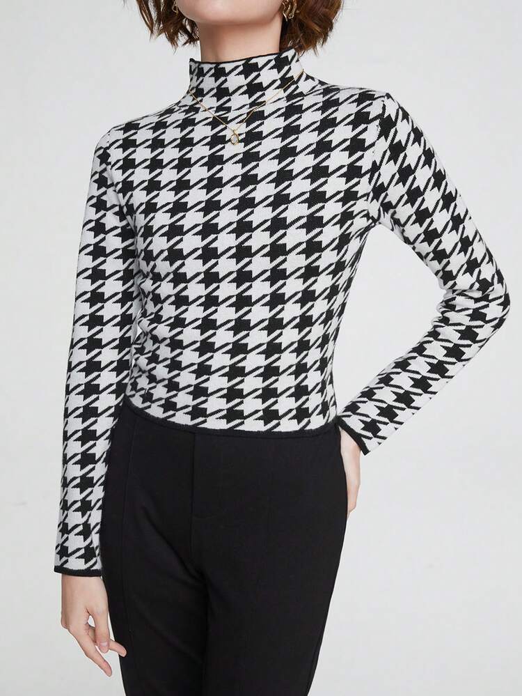 Women's Stand Collar Houndstooth Pattern Long Sleeve Knit Pullover Fall Winter Sweater