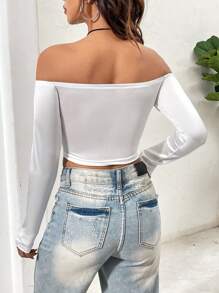 SHEIN Unity 女士露肩長袖扭結打結t恤 - 杏色 - 查看 2