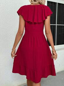 SHEIN Clasi Women's V-Neck Floral Jacquard Dress With Ruffle Trim - Burgundy - View 2