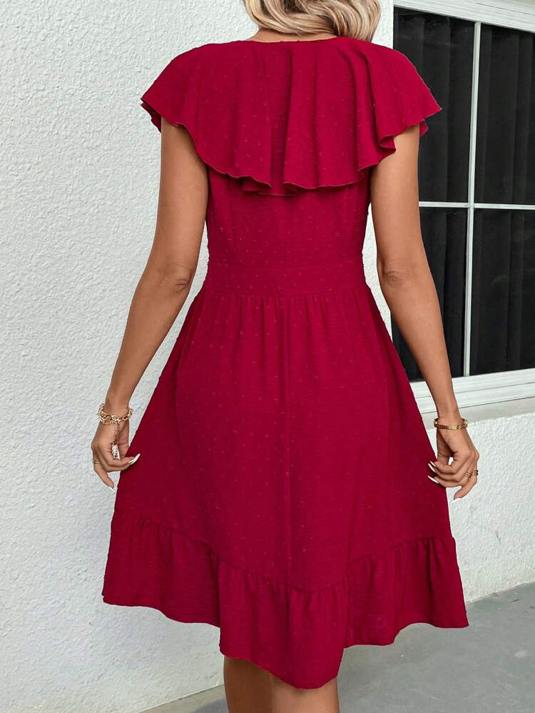 Women's V-Neck Floral Jacquard Dress With Ruffle Trim