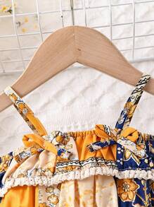 Baby Girls'  Scarf Printed Vintage Pattern Lace Strap Dress For Summer - Multicolor - View 5