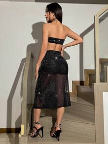 SHEIN Unity Silver Foil & Hollow Out See-Through Strapless Dress - Black - View 2