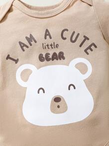 SHEIN Newborn Baby Boy's Summer Outfit Set, Including 5 Items: Short Sleeve Bodysuit, Printed Pants, Hat, Drool Bib And Gloves, With Adorable Bear Print, Knitted, Skin-Friendly And Comfortable - Khaki - View 6