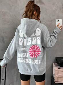 SHEIN Cottnline Hoodie met bloemen- en sloganprint en verlaagde schouders