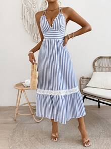 SHEIN LUNE 女性條紋露背連衣裙,配腰帶