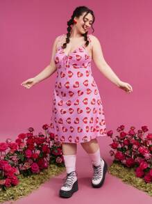 TOM & JERRY X SHEIN Plus Size Women's Heart Print Cami Sleep Dress - Pink - View 3