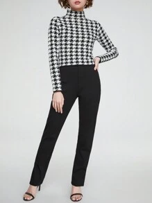 SHEIN Unity Women's Stand Collar Houndstooth Pattern Long Sleeve Knit Pullover Fall Winter Sweater - Black and White - View 4