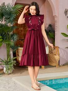 SHEIN Vestido con mangas cortas de estilo línea A con bordado floral para niñas adolescentes para vacaciones - Burdeos - Ver 4