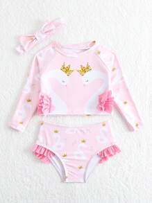 SHEIN 嬰兒女童天鵝印花拼接長袖防曬泳衣,底部有荷葉邊 - 粉色 - 查看 6