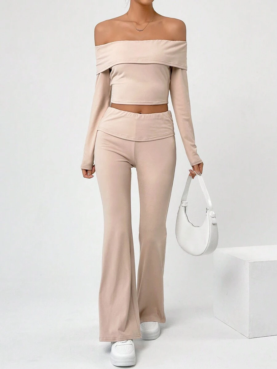 SHEIN EZwear Women's Solid Color Off-Shoulder Long Sleeve T-Shirt And Bell Bottoms Two Pieces Set - Khaki - View 1