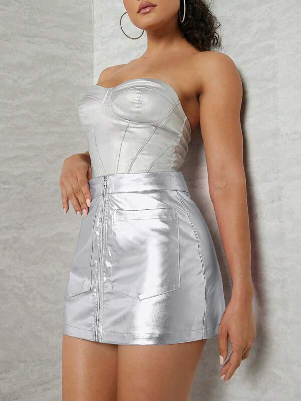 Hauture Zip Up Metallic Patch Pocket Skirt
