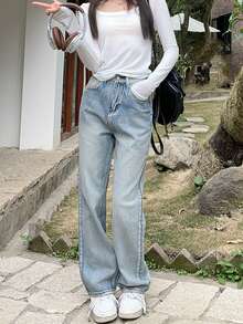 女士高腰直腳牛仔喇叭褲長褲 - 藍色 - 查看 6