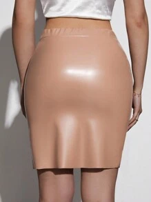 SHEIN Cottnline High Waist PU Leather Bodycon Skirt - Camel - View 2