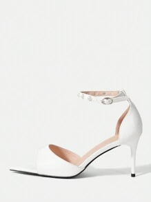 SheIn Belle Fashionable French Style Pointed Toe Peep Toe Stiletto High Heel Hollow Out Sandals - White - View 2