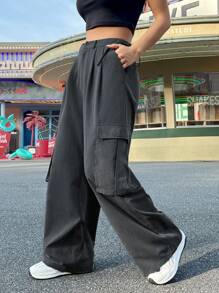 SHEIN EZwear 女式灰色針織貨物褲,帶口袋 - 灰色 - 查看 8