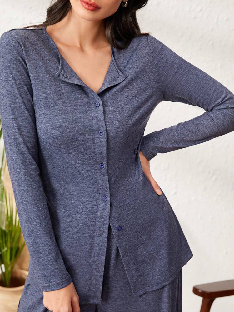 Mulvari Women's Ribbed Long Sleeve T-Shirt And Pants Two-Piece Set - Blue - View 7