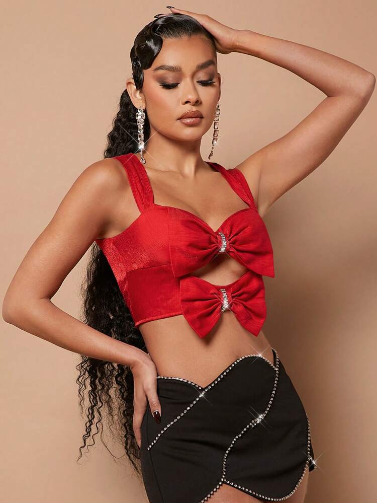Layered Bow Cut Out Rhinestone Crop Top