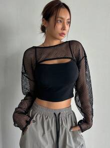 DAZY Mesh Sweater Women's Top Going Out Tops Sheer,Beach Outfits Long Sleeve Women Tops - Black - View 7