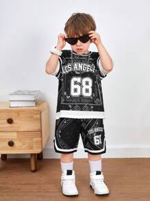 SHEIN Leap Crew Baby Boys/Girls Contrast Color Letter Print Round Neck Short Sleeve 2 In 1 Top And Elastic Waist Shorts Outfit, Suitable For Sports - Black and White - View 6