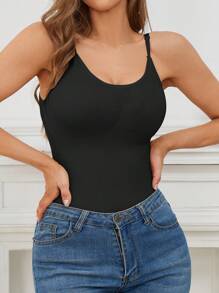 女士純色修身連身衣 - 黑色 - 查看 6