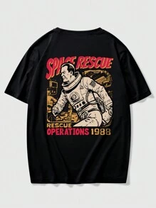 ROMWE MEN Street Life 男式宇航员字母印花 T 恤，学校 - 黑色 - 查看 1